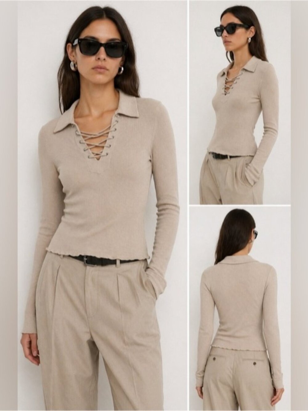 Acne Studios Beige Lace-Up Ribbed Long Sleeve Top Women’s Size S Slim Fit